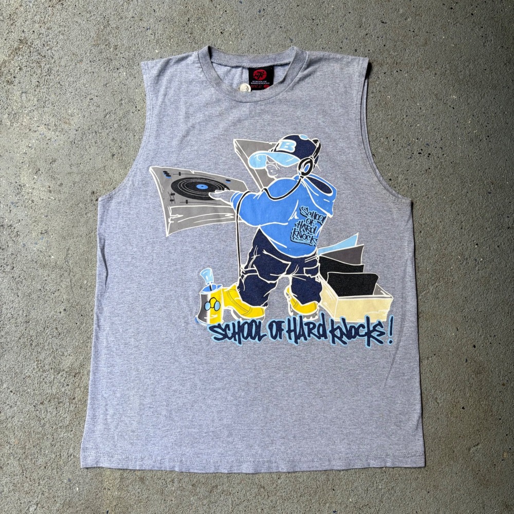 School of Hard Knocks Mens Large Grey Sleeveless Hip Hop DJ Graphic Muscle Tee